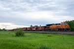 BNSF 3986 trails on a ballast train coming into Bozeman from the east 